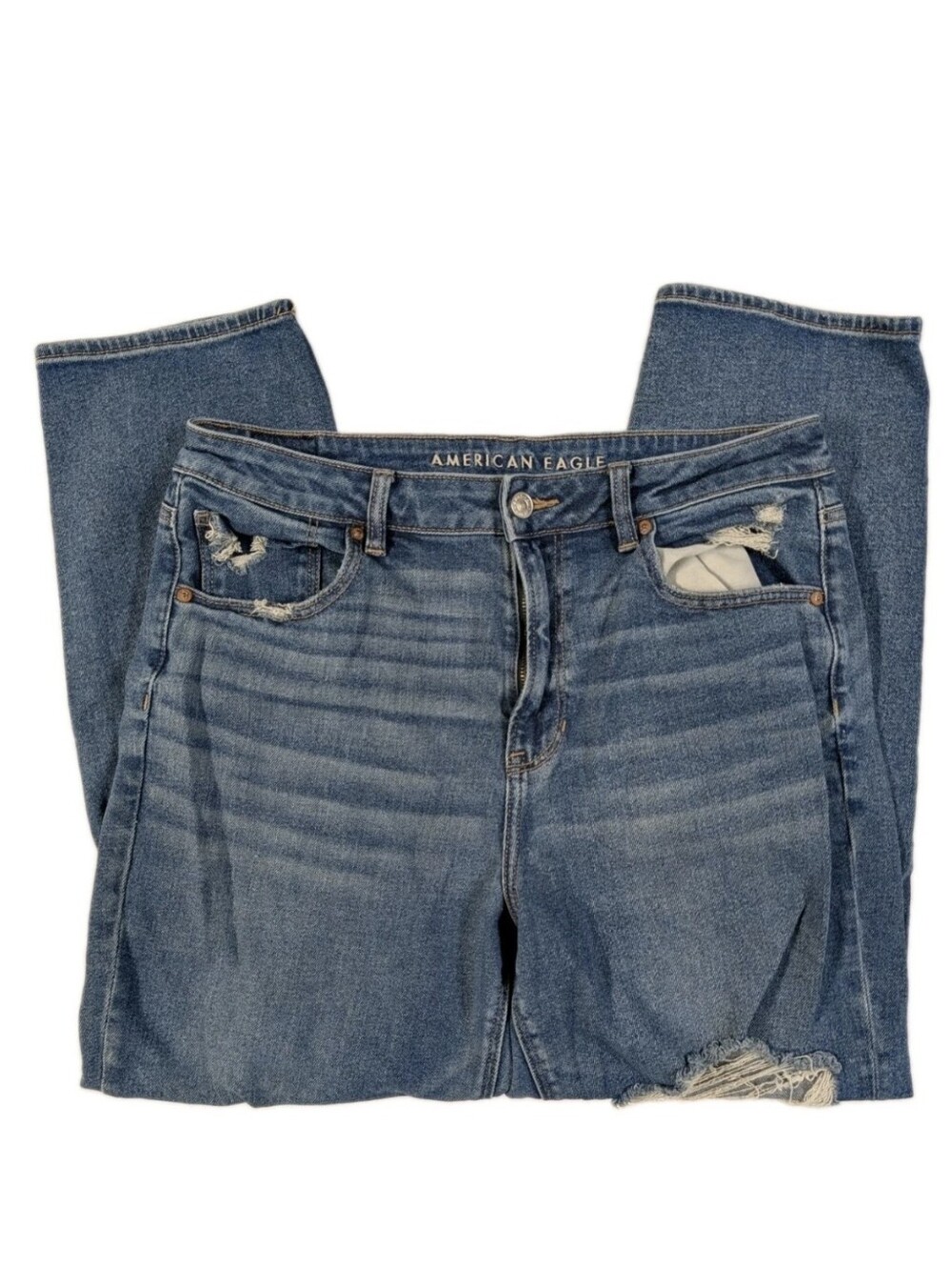 American Eagle Mom Straight Jeans Womens 14 Regular Blue Distressed Stretch